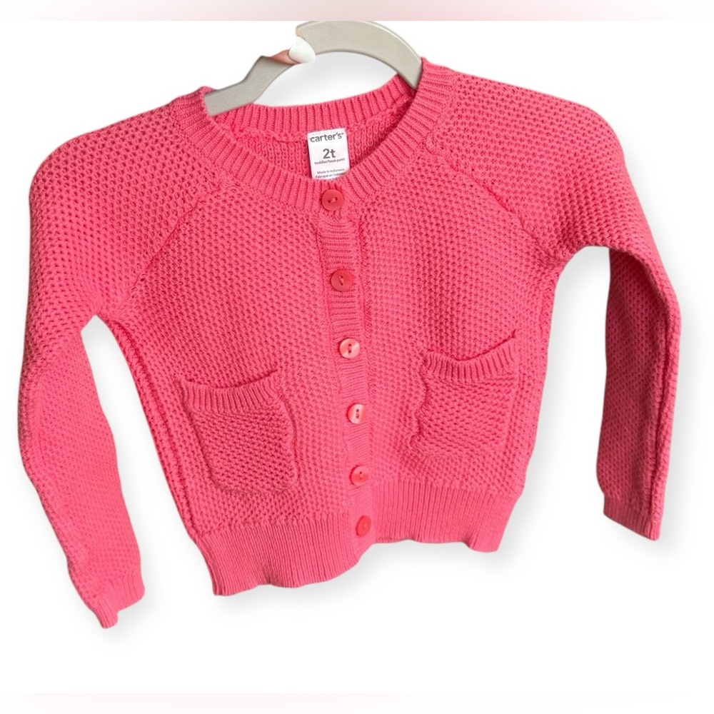 Girls 2T Cardigan Cotton Knit Button Down Sweater | Coral/Pink Color | Pockets